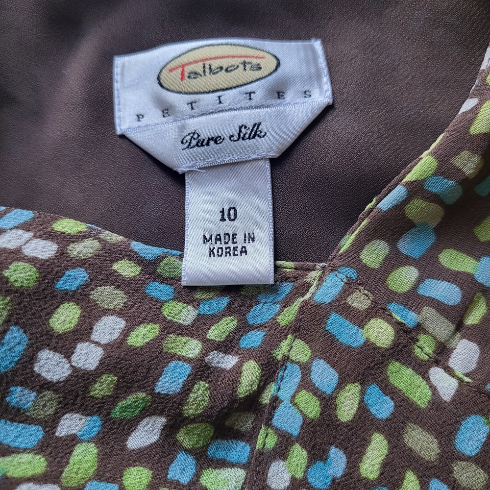 Talbots Silk Dress with Brown, Green, and Blue Pattern